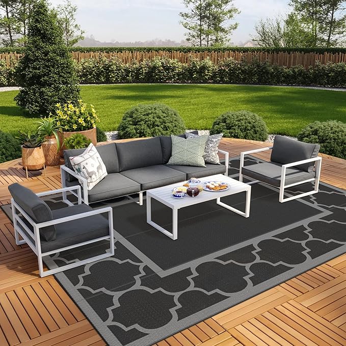 GENIMO 10 ' x 14 ' Outdoor Rug Waterproof for Patio Decor, Foldable Reversible Plastic Straw Area Rugs Mat for Camper, Outside Carpet for Rv, Deck, Porch, Picnic, Beach, Balcony, Black & Grey