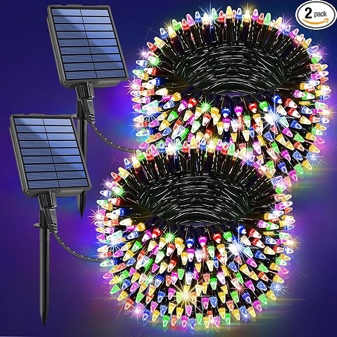2-Pack 200FT Solar String Lights for Outside, 600 LED Extra-Bright Outdoor with 19 Modes & Timer, Waterproof Fairy Lights for Garden Patio Tree Christmas Decorations (Multicolor)