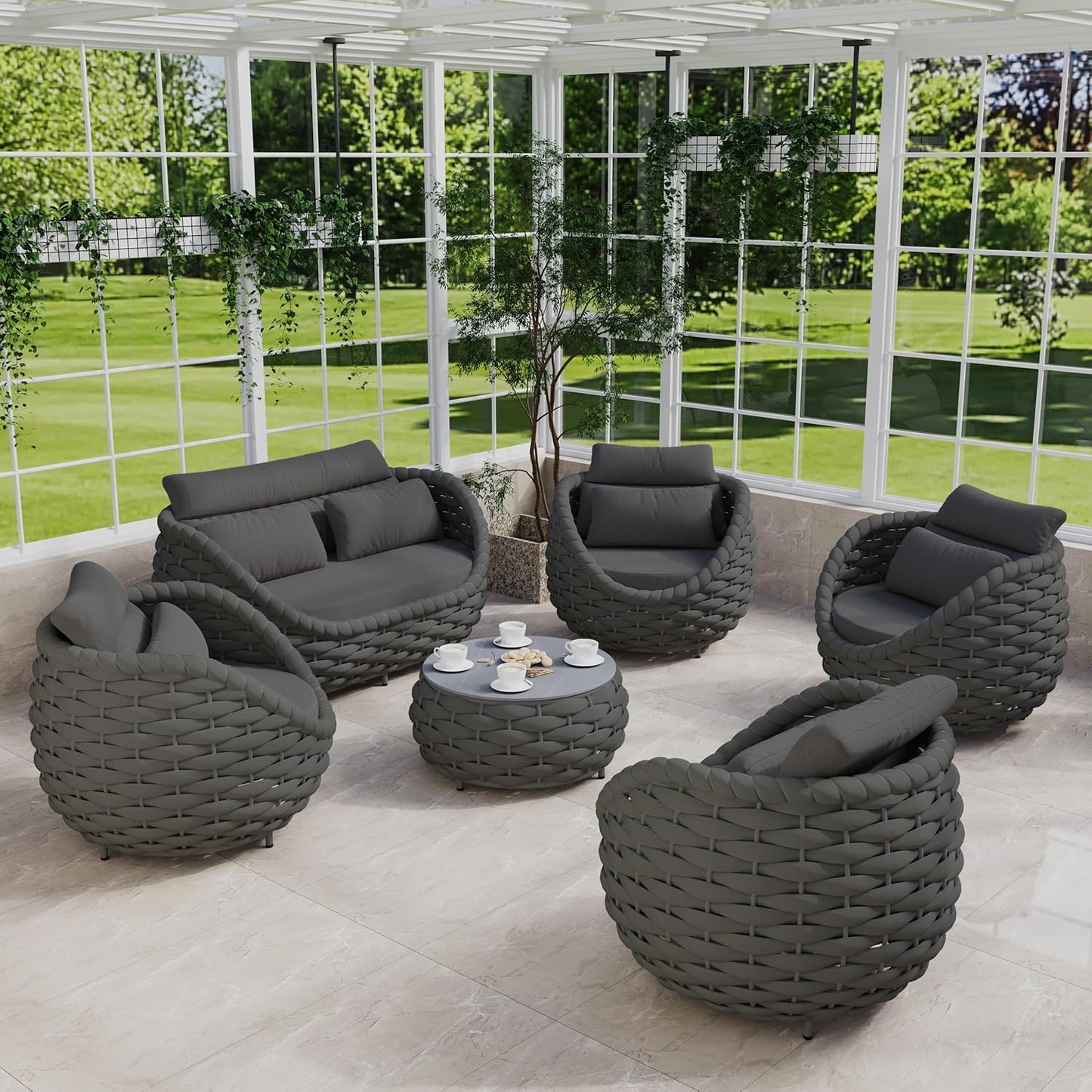 Rope Outdoor Patio Furniture Set: 6 Pieces Aluminum Porch Conversation Sofa Set - Modern Woven Deck Couch Set Cushioned - No Assembly All Weather for 660lbs Yard Garden Lanai Hotel, Dark Gray