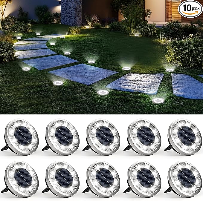 SOLPEX 10 Pack Solar Ground Lights Outdoor Waterproof, Solar Powered Pathway Lights, Landscape Lighting for Garden Walkway Driveway Backyard Decor (Cool White)