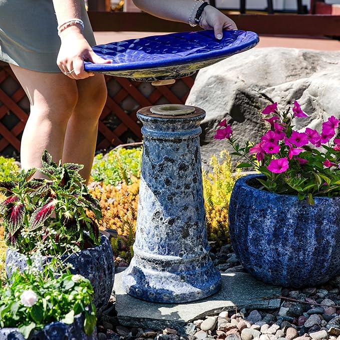 Sunnydaze Rennes Outdoor Ceramic Bird Bath - 22.5" H - UV- and Frost-Resistant - Glazed Bowl with Blue Lava Finish