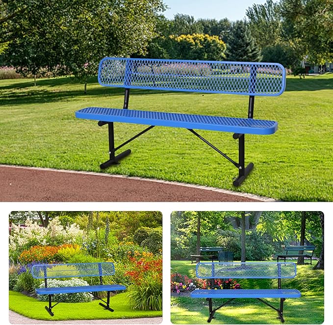 6FT Outdoor Benches Heavy Duty Park Bench with Back Portable Frame, Blue Metal Steel Bench, Outdoor Garden Bench Expanded Metal Mesh Bench for Lawn, Park, Deck, Garden, Patio, Porch, Black (Blue, 6FT)