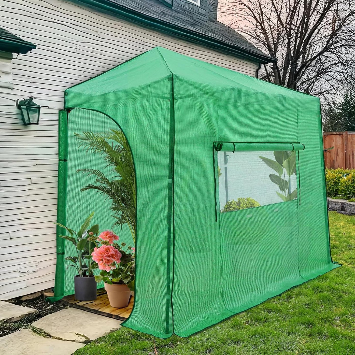 EAGLE PEAK 10x5 Lean to Portable Walk-in Greenhouse, Pop Up Indoor Outdoor Garden Green House, Zippered Doors and Window, PE Cover, Green