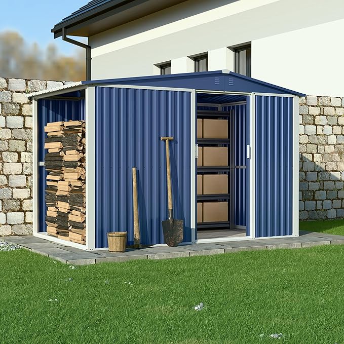 Metal Outdoor Storage Shed 10FT x 6FT with Firewood Storage, Steel Utility Tool Shed Storage House with Sliding Door, Metal Sheds Outdoor Storage for Backyard Garden Patio Lawn, Blue