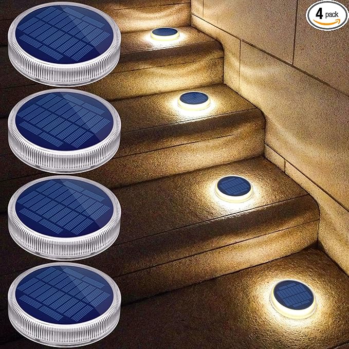 YiLaie LED Solar Deck Lights Outdoor Round Stick on Solor Powered Waterproof, Auto ON/Off Solar Stair Lights for Garden Patio Concrete Pathway Walkway Driveway(4 Pack)