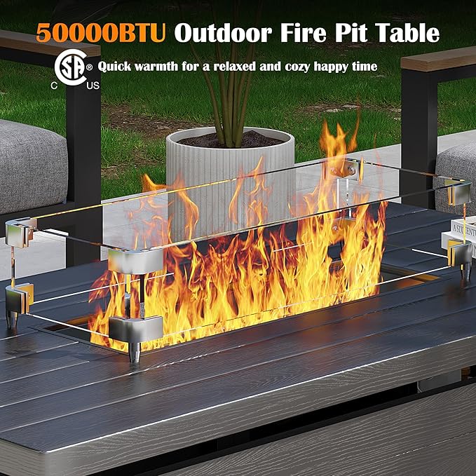 Sundale Outdoor 51 Inch Outdoor Fire Pit Table, 50,000 BTU Rectangle Propane Fire Pit with Glass Wind Guard, Rain Cover, Removable Lid, Matching with Outdoor Furniture Sets, CSA Certified, Gray