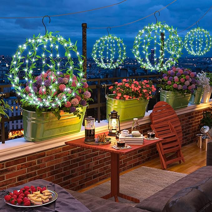 Solar Powered Hanging Iron Sphere Lights with Artificial Greenery – 12Inch 120 LED Waterproof Outdoor Decor Ball Light with Timer & 8 Modes – 2 Pack for Garden, Christmas, Weddings (Cool White)