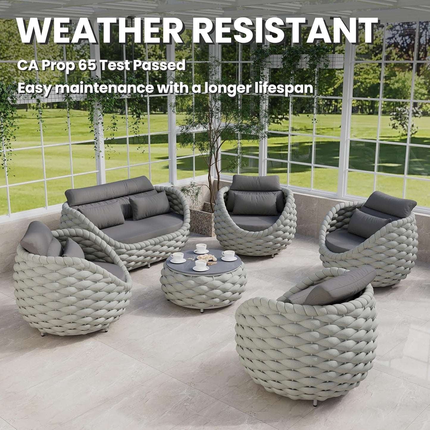 Cushioned Outdoor Patio Furniture Set: 6 Pieces Aluminum Porch Conversation Sofa Set - Modern Hand Woven Rope Deck Couch Set - No Assembly All Weather for 661lbs Yard Garden Poolside Hotel, Gray