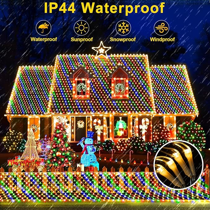 KNONEW 2-Pack 360 LEDs Christmas Net Lights 13ft x 9.8ft Outdoor Mesh Lights Connectable Waterproof 8 Modes & Timer Plug-in Net Fairy Lights for Bushes Garden Party Wedding Holiday,Multicolor
