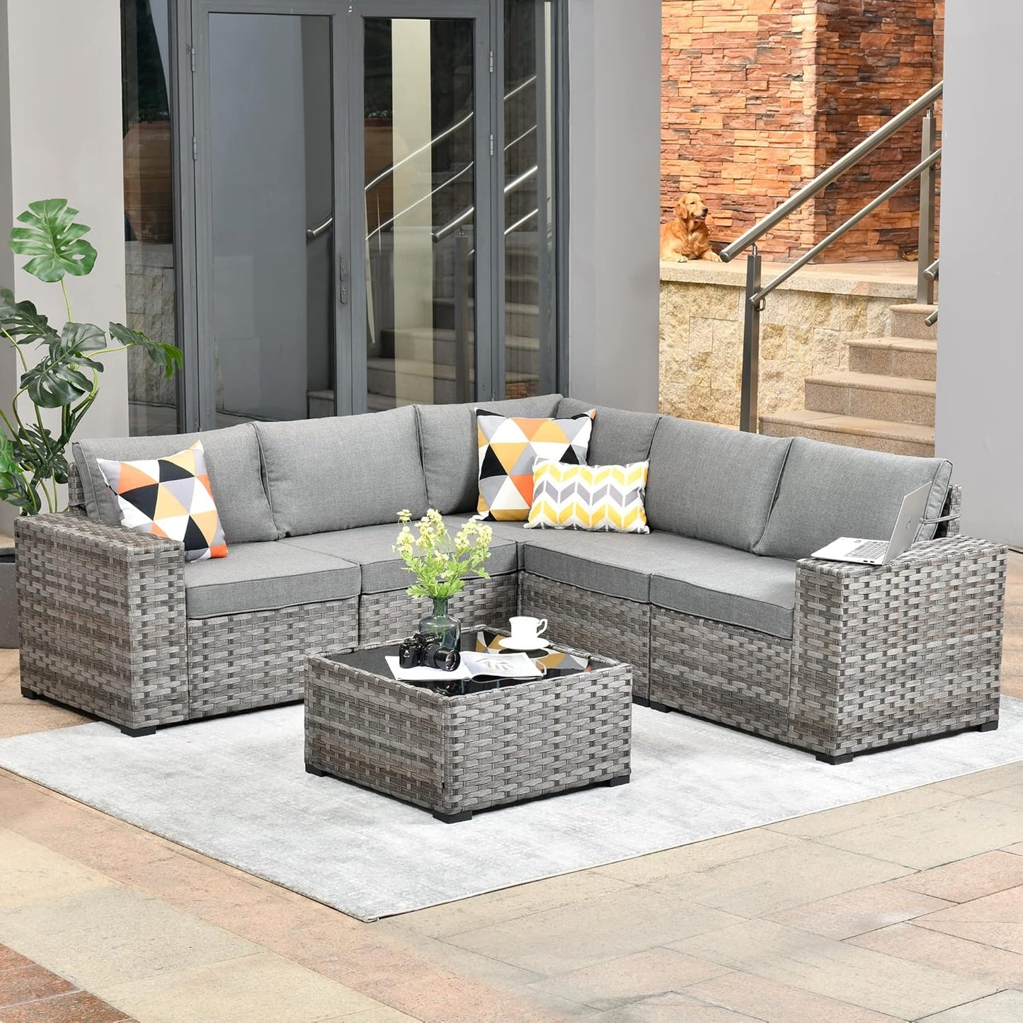 HOOOWOOO Modular Patio Outdoor Sectional Furniture Set,6 Piece Wicker Conversation Sofa Set,Out Door Couch Set with Wide Arm for Outside All Weather(Dark Grey)