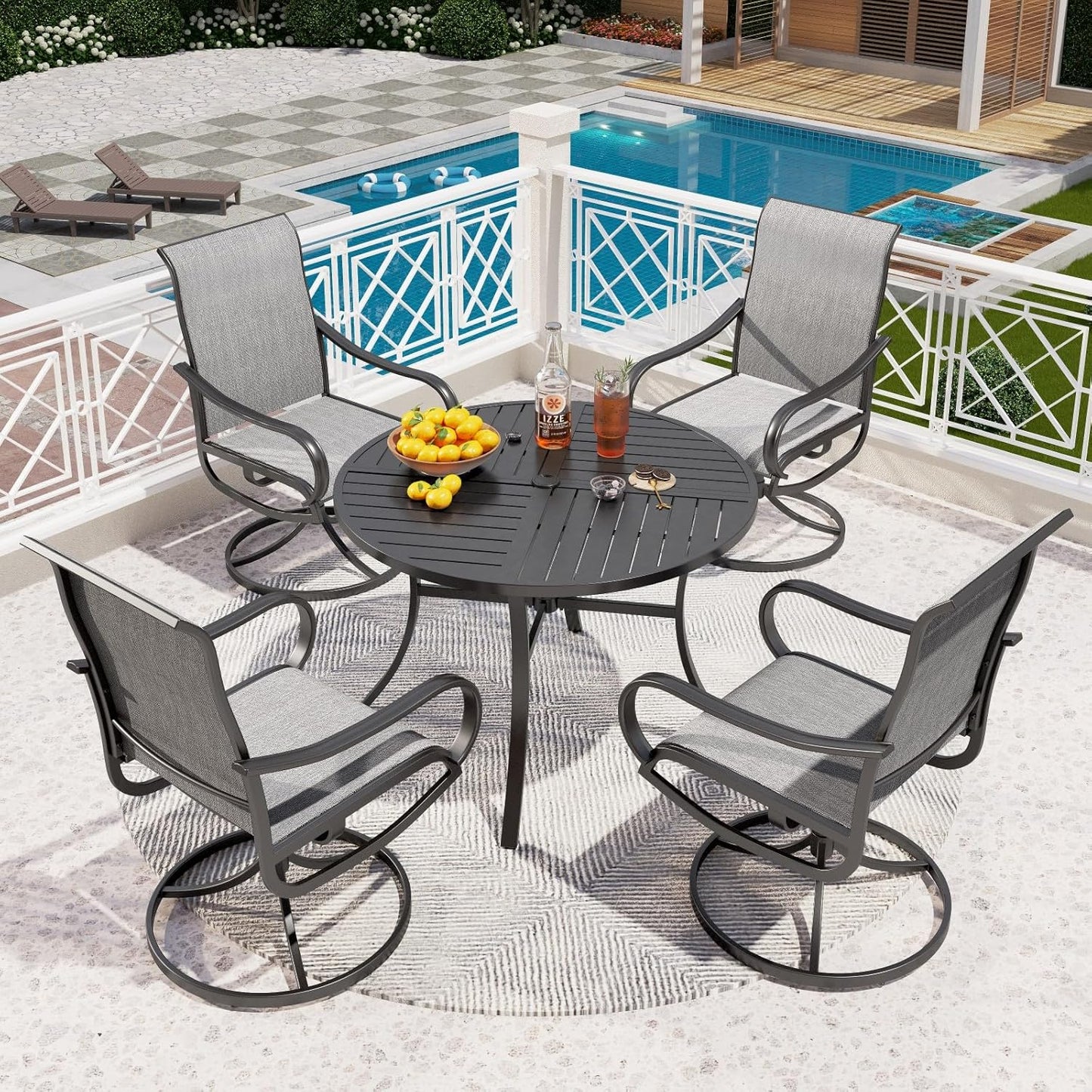 PHI VILLA 5 Piece Outdoor Patio Dining Set with 4 Swivel Dining Chairs & 1 Large Round Dining Table, Gray Textilene Mesh Fabric Chair and Round Metal Table for All Weather Deck Lawn Garden