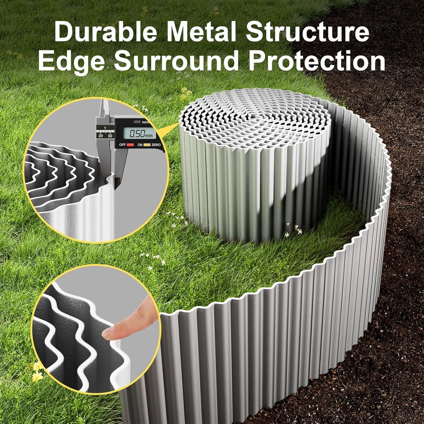 Land Guard Corrugated Garden Edging Border,12" x 50' Landscape Paver Edging, Tall Landscape Edging, Fence for Garden, Flower Bed, Lawn and Landscape Edging (Silver)