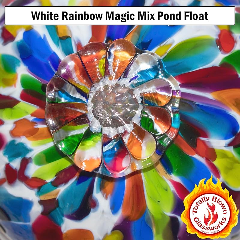 Pond Float. Handmade Blown Glass, Garden Gazing Ball, Table Centerpiece, Assorted sizes available. Home and Patio Decor. Artist Dehanna Jones. Seattle, WA. (White Rainbow MM)