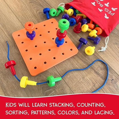Foam Peg Board Toy - 36 Pegs, Foam Board, Lacing String, Storage Bag - Occupational Therapy Toys - Fine Motor Skills Toys for Toddlers and Kids (Orange)