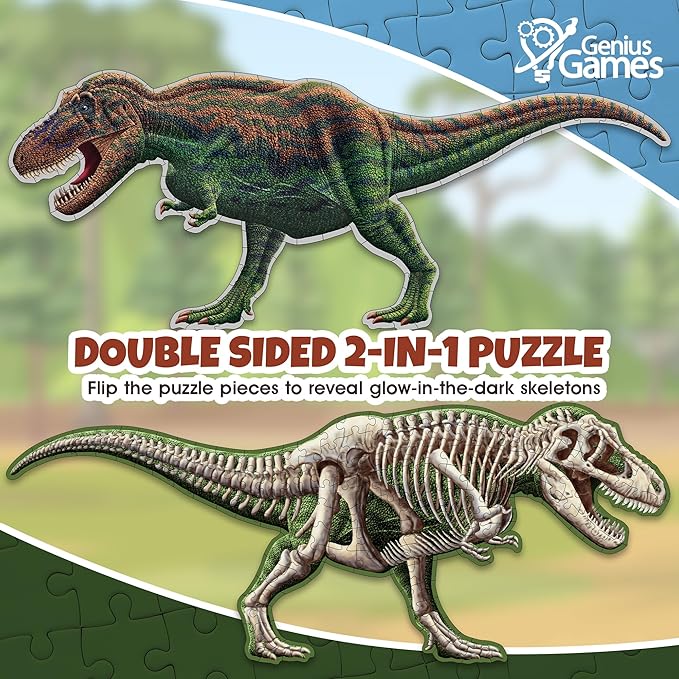 Tyrannosaurus Rex Dinosaur Jigsaw Puzzle | 100-Piece Double Sided Floor Puzzle with Glow-in-The-Dark Skeleton On Other Side | 4 FT Scientifically Accurate Dino Illustration | Educational Toy for Kids