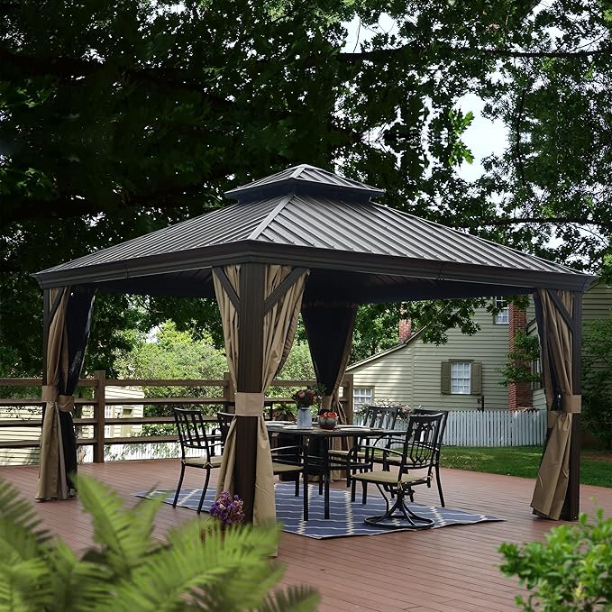 Kozyard Alexander 12' X 12' Hardtop Gazebo, Aluminum Metal Gazebo with Galvanized Steel Double Roof Canopy, Curtain and Netting for Patio Backyard Deck Lawn Brown
