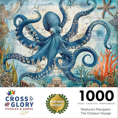 Cross & Glory - Neptune's Navigator: The Octopus Voyage - 1000 Piece Jigsaw Puzzle for Adults | Ocean Exploration Theme with Satin Finish