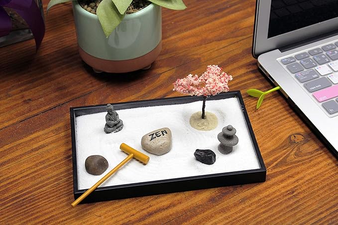Nature's Mark Mini Zen Garden Kit for Desk with Rake, White Sand, Buddha, Lantern, Black Rectangle Base, River Rocks and Mini Blossom Tree (8Lx5W C)