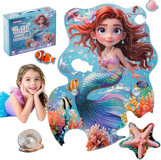 Floor Puzzles for Kids Ages 3-5, Mermaid Puzzles for Toddler Ages 4-6, 48 Pieces Jumbo Puzzles with Box, Mermaid Toys for Gifts 3-8 Years Old