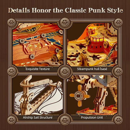 LED 3D Wood Puzzle Fantasy Airship Model - Steampunk DIY Craft Kit with LED Lights – Intricate Wooden Airship Model Building Set for Teens and Adults(Orange)