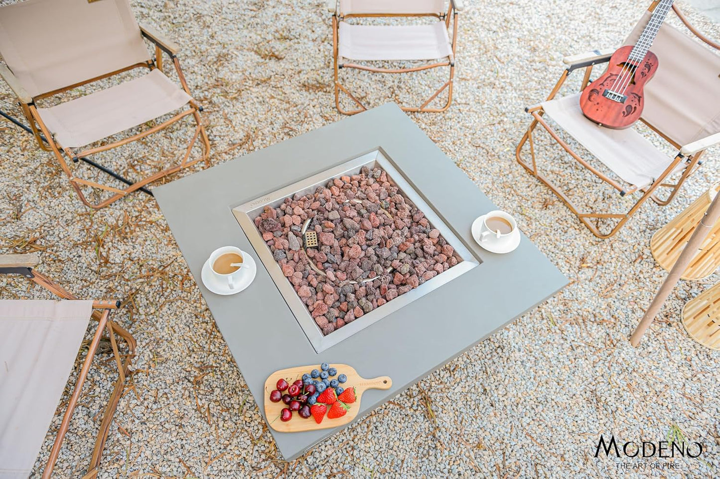 AMS Fireplace | Modeno Westport Package | Light Gray Liquid Propane Gas Fire Pit Table for Outside Patio Bundle with Tank Cover, Wind Guard, & SS Burner Lid | Free Ice Bucket & Rubber Mat