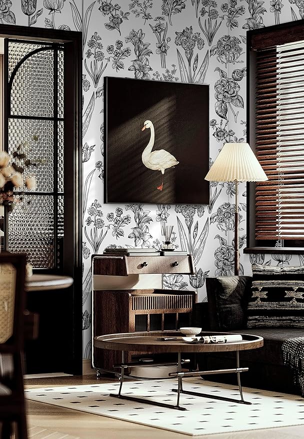 Dimoon 393"x17.3" Floral Peel and Stick Wallpaper White Contact Paper Waterproof Black Lines Wallpaper Vintage Flower Thicken Plant Self Adhesive Removable Wall Covering Shelf Liner Decal Vinyl Roll