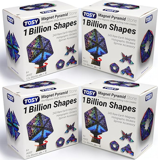 TOSY Magnet Pyramid Stone - 1 Cube Transforms into 1 Billion Shapes, 12 Pieces, 243 Rare Earth Magnets, Holographic Design Magnet Tiles Creative Puzzle STEM/STEAM Toy, 4-Pack