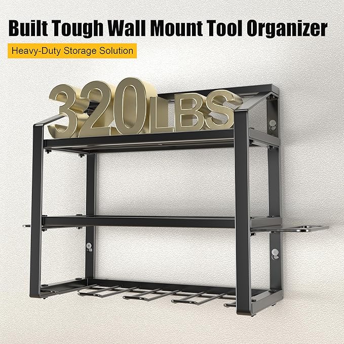 Power Tool Organizer With Charging Station, Heavy Duty Steel 4 Slots, Tool Battery Holder with 4 Outlet Power Strip, Easy To Install Garage Storage Rack for Workshop/Shed Gift For Men