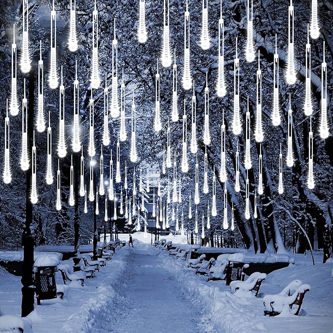 2-Pack Christmas Decorations Lights Outdoor, Total 384LED Meteor Shower Lights Rain Drop Light 30cm 16 Tubes Indoor Outdoor Snow Cascading String Light for Xmas Tree Roof Party Garden (Cool White)