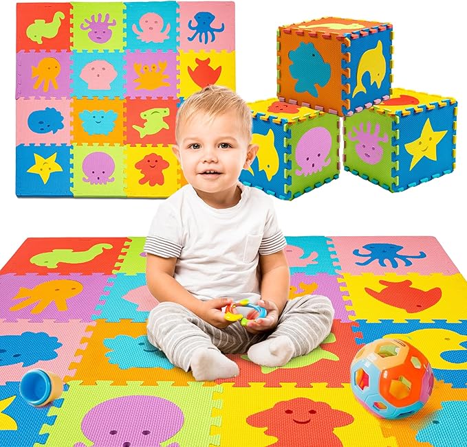 TOYVELT Foam Puzzle Floor Mat for Kids 12x12-16 Interlocking Play Mat Tiles with Colors, Alphabet, ABC - Educational Large Puzzle Foam Floor Tiles for Crawling, Exercise, Playroom, Play Area