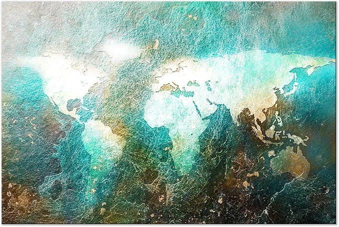 artgeist Textured Canvas Wall Art World Map 24x16 in - 1pcs Painting Canvas Prints Picture Artwork Image Framed Contemporary Modern Photo Wall Home Blue Brown Abstract k-A-0509-b-a