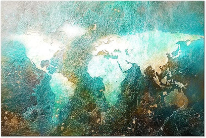 artgeist Textured Canvas Wall Art World Map 24x16 in - 1pcs Painting Canvas Prints Picture Artwork Image Framed Contemporary Modern Photo Wall Home Blue Brown Abstract k-A-0509-b-a