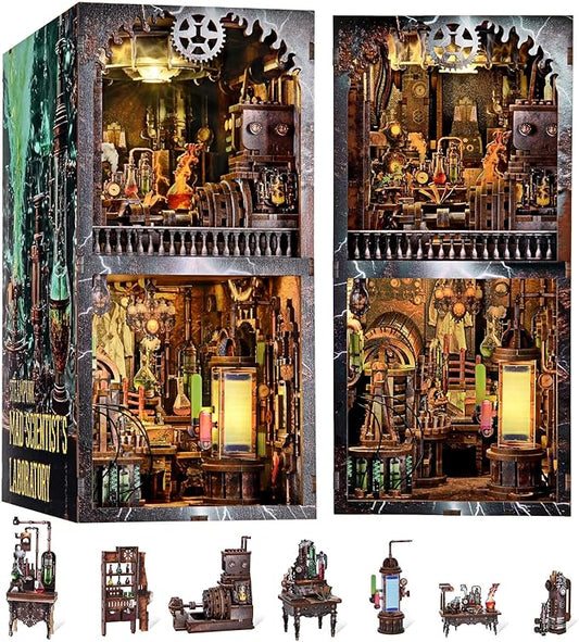 Book Nook Kit, DIY Miniature Dollhouse Booknook Kit, 3D Wooden Puzzle Bookend Bookshelf Insert Decor with LED Light for Teens and Adults (Steampunk Mad Scientist Laboratory)