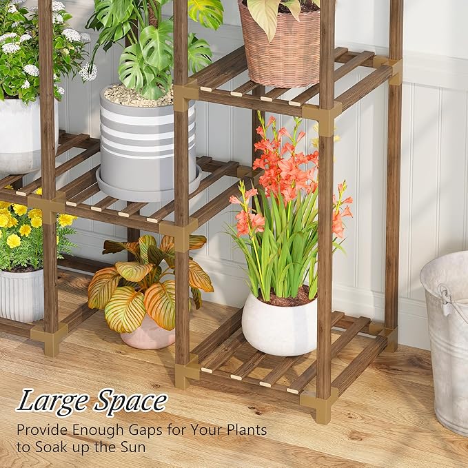 EnHomee Tiered Plant Stand Indoor Outdoor Wood Plant Shelf with 10 Potted & Double Rod Large Plants Holder Load-Bearing 440 LBS Plants Shelves Table 44.8''W*11.6''D*47''H