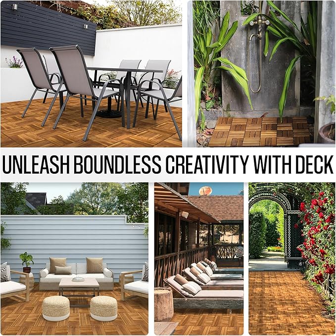 Pack of 10 Deck Tiles - 12"x12" Interlocking Natural Solid Acacia Wood for Outdoor & Indoor, Patio Garden, Balcony, Poolside - Golden Teak Color