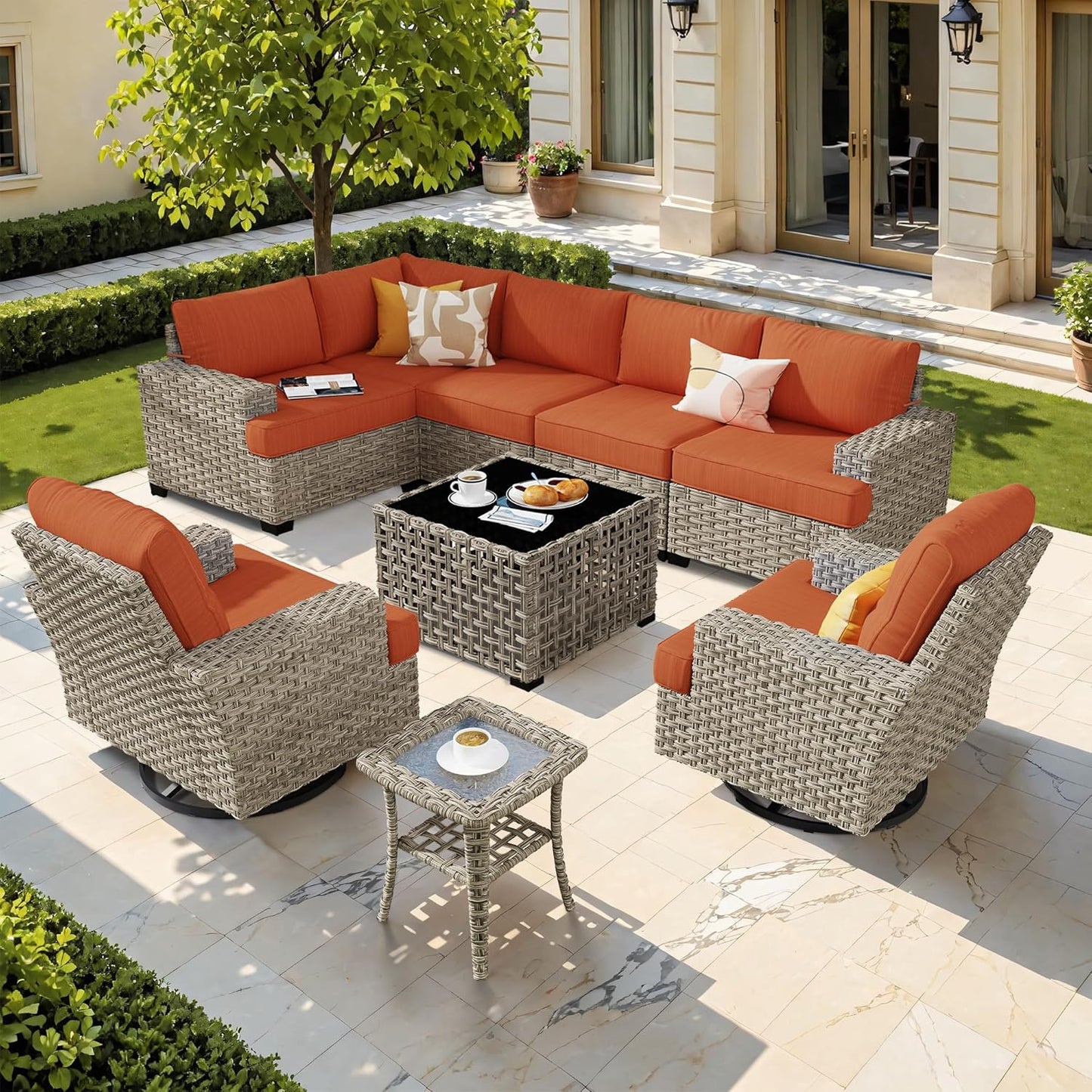 HOOOWOOO Outdoor Sectional Patio Furniture Set,9 Pieces Wicker Conversation Sets L Shaped Couch,Extra Deep Out Door Sofa Outside Furniture with Swivel Chairs,Brick Red