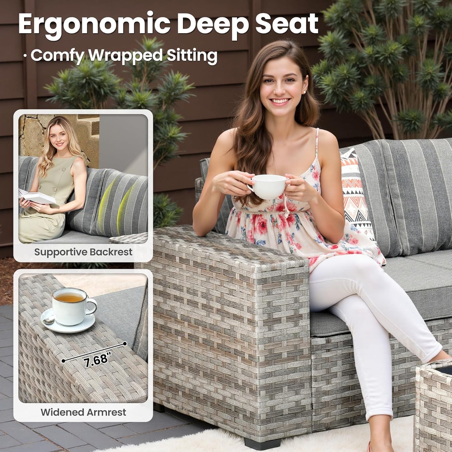 ovios 9 Pieces Patio Furniture Set, Outdoor Wicker Sectional Sofa with 42" Fire Pit Table Swivel Chair, Modern Modular Deep Seat Rattan Couch Conversation Sets, Dark Gray Stripe