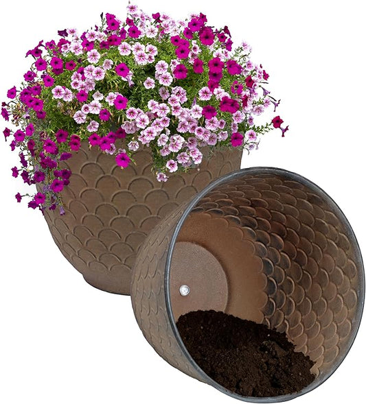Sunnydaze Dinah 12.5" Metal Outdoor Plant Pot Set with Drainage Holes and Rubber Plugs - Matte Brown - Set of 2