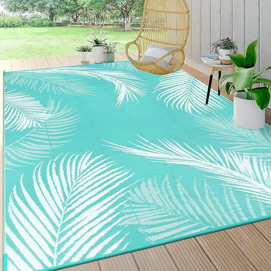 Pauwer Waterproof Outdoor Rug 8x10, Reversible Plastic Straw Patio Camping Rug, Indoor Outdoor RV Mat Carpet for Deck, Camper, Porch, Balcony, Backyard, Picnic, Leaf Light Blue