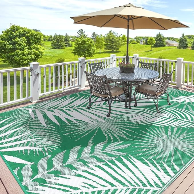 Outdoor Rug 8'x10' Waterproof for Patios Clearance, Reversible Outdoor Plastic Straw Rug Camping Carpet, Outside Floor Mats Large Area Rugs for RV,Patio,Deck,Porch, Beach,Balcony,Green&White