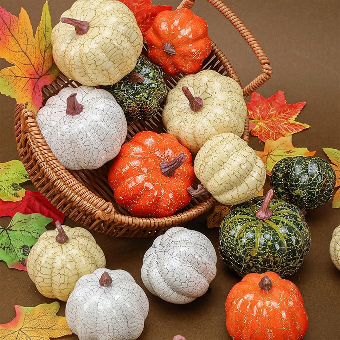 20 PCS Mini Assorted Artificial Pumpkins Set Fall Harvest Faux Foam Pumpkin Decorations Small Rustic Fake Pumpkin for Thanksgiving Halloween Wedding Farmhouse Party Home Kitchen Table Decor