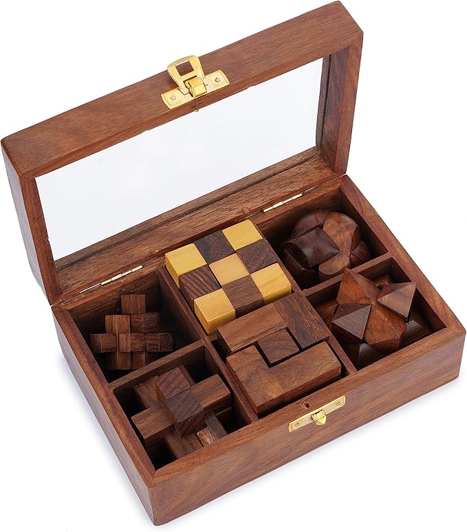 Ajuny Wooden Puzzles Box Set (6 Games) Brain Teaser for Teens & Adults, IQ Test Interlocking 3D Puzzles, Handcrafted Rustic Patio Decor, Unique Gift for Christmas and Birthdays