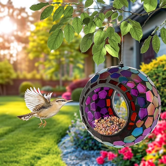 Sunnydaze 6-Inch Glass Mosaic Hanging Bird Feeder for Outdoors - Fly-Through Wild Bird Feeder - Iridescent Purple Mosaic