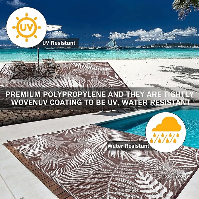 Outdoor Rug Waterproof for Patios Clearance, Reversible Outdoor Plastic Straw Rug Camping Carpet, Outside Floor Mats Large Area Rugs for RV,Patio,Deck,Porch,Beach,Balcony，10'x8',Brown&White