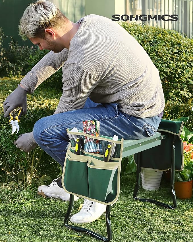 SONGMICS Garden Kneeler and Seat, Multifunctional Garden Kneeling Bench, Gardening Gifts for Women Men, Folding Gardening Stool, with 2 Tool Bags, 8-Inch Wide Kneeling Pad, Dark Green UGGK060L01
