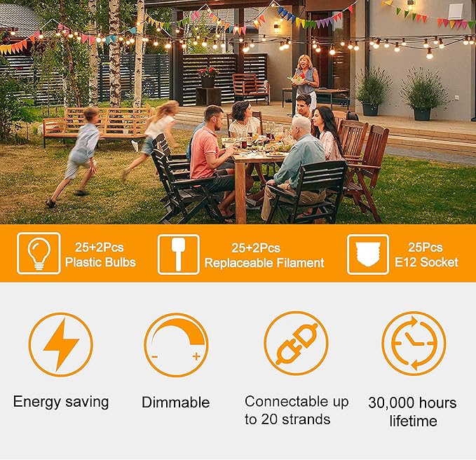 ZOTOYI Outdoor String Lights 50 FT, Patio Bulbs with 27 LED Plastic Edison ST38 Bulbs (2 Spare), Waterproof IP65 Outdoor Hanging Lights for Garden, Backyard, Cafe, Porch, Gift, Gazebo - Dimmable 2700K