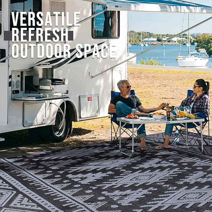 OLANLY Outdoor Rug Waterproof 8x10 ft, Reversible Outdoor Plastic Straw Rug, Boho Patio Rug, Indoor Outdoor Carpet, RV Mat Outside for Patio, Camp, Picnic, Balcony, Deck, Backyard, Black & Grey