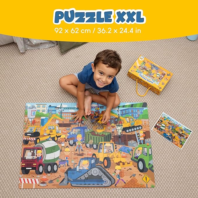 BONNYCO Giant Floor Puzzles for Kids of Construction Site with 48 Large Pieces. Jumbo Puzzle 36.2 x 24.4 in, Gifts for Boys and Girls, Educational Kids Toys Ages 2-8