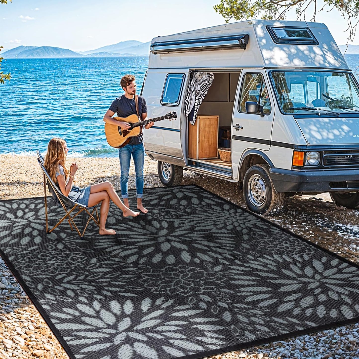 5'x8' Reversible Outdoor Rug - Eco-Friendly Plastic Straw Rug-Heavy-Duty Waterproof Mat, UV & Fade Resistant for Patio, Camping, RV, Deck, Balcony(5x8,Black&Floral)