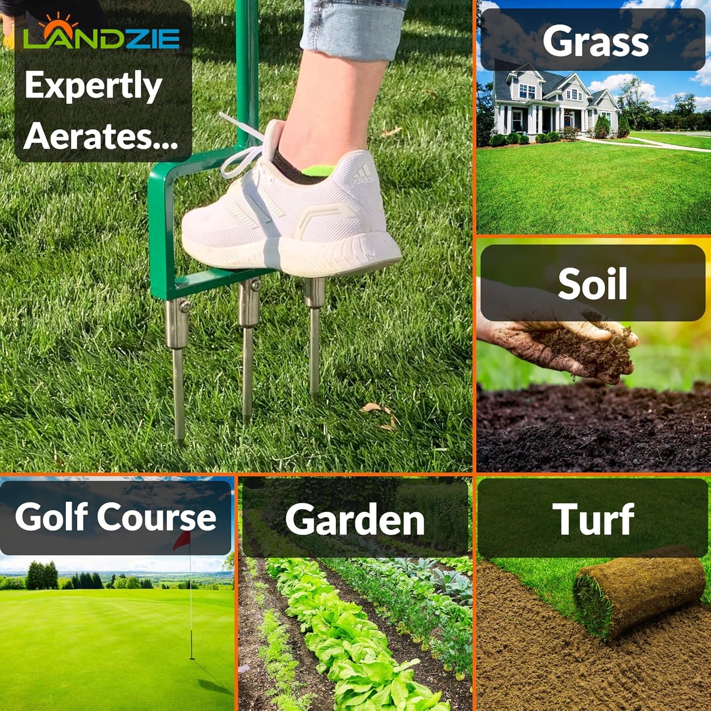 Landzie Spike Tine Fork Lawn Aerator - 42 Inch Manual Stainless Steel Gardening Hand Tool - Grass Dethatcher Aerator Lawn Tool with Solid Tines for Compacted Soil - Lawn Plugger Aerator…